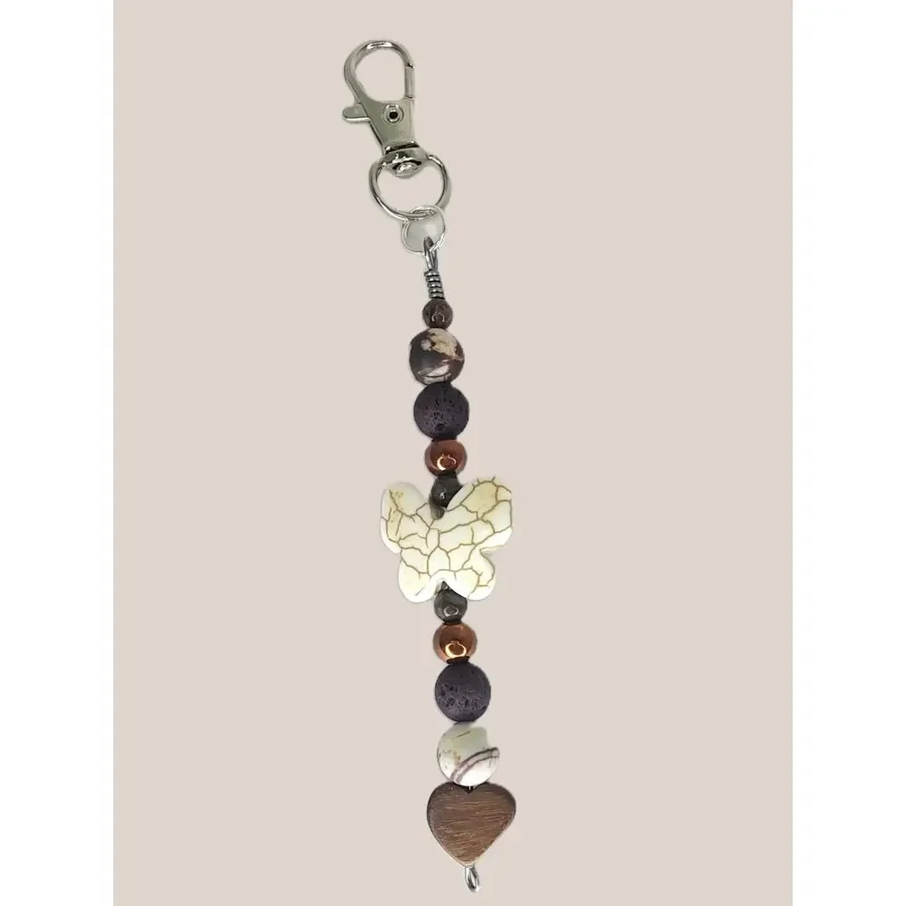 Handmade Beaded Butterfly Bag Charm Diffuser Keychain Heart Earthy Brown Cream